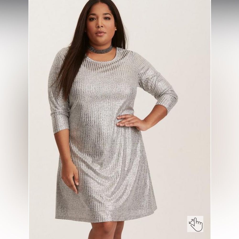 NWT Torrid Silver Metallic Shimmer Ribbed Knit Trapeze Dress Size 0 Large